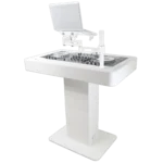 ProX Control Tower DJ podium white finish with road cases supporting Pioneer DDJ-REV7 XDJ-XZ FLX10 RANE Four controllers in professional DJ setup