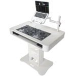 ProX Control Tower DJ podium white finish shown from side angle with road cases