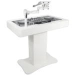 ProX Control Tower DJ podium white finish with Pioneer DDJ-REV7 mixer in professional setup
