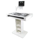 ProX Control Tower DJ podium white finish with Pioneer DDJ-REV7 mixer mounted in professional setup