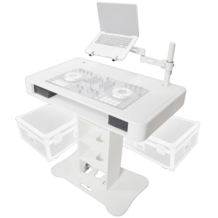 ProX Control Tower DJ podium white finish with integrated road cases for Pioneer DDJ-REV7 XDJ-XZ FLX10 RANE Four