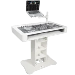 ProX Control Tower DJ podium with white finish displaying Pioneer DDJ-REV7 mixer in professional DJ setup