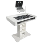 ProX Control Tower DJ podium white finish showing side profile with integrated road cases and cable management