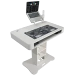 ProX Control Tower DJ podium white finish showing equipment mounting bracket detail and construction