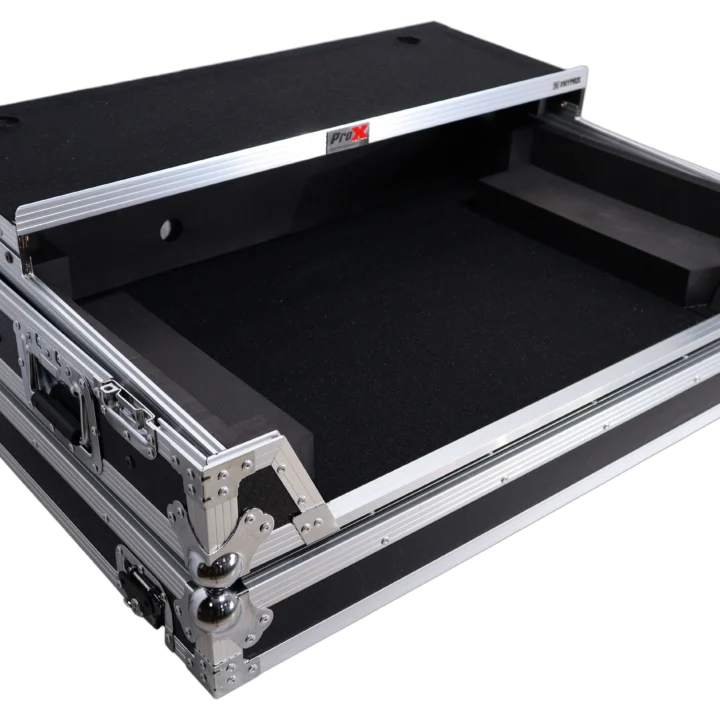 ProX flight case for Pioneer DDJ-FLX10 DJ controller showing integrated laptop shelf and 1U rack space detail