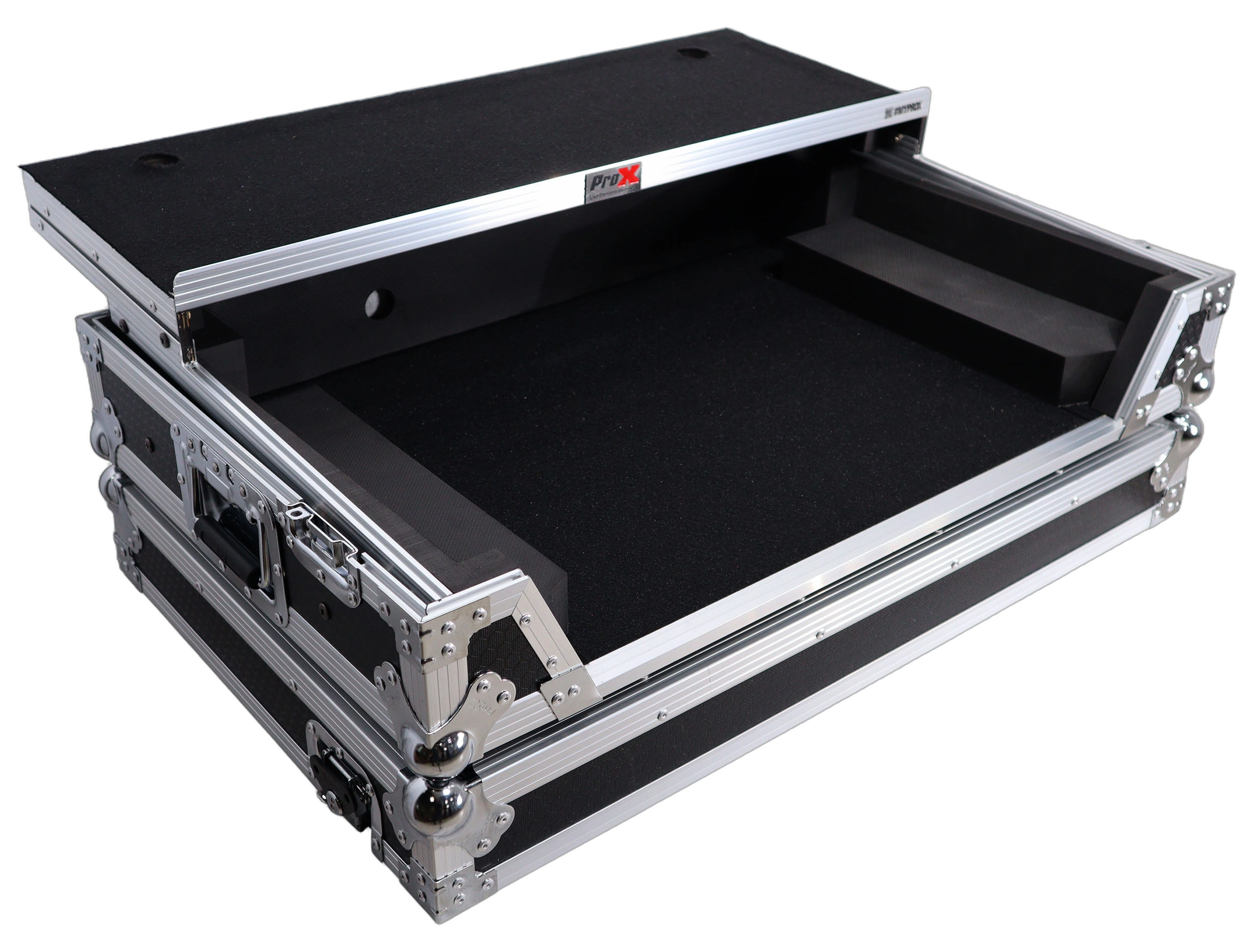 ProX DDJ-FLX10 Flight Case Laptop Shelf Detail ProX flight case for Pioneer DDJ-FLX10 DJ controller showing integrated laptop shelf and 1U rack space detail