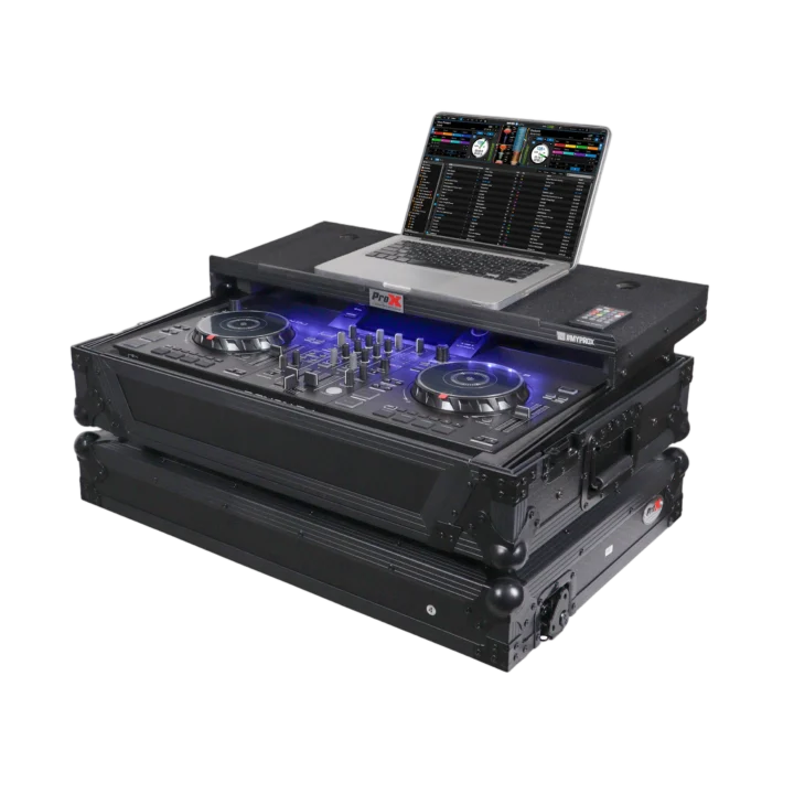 ProX ATA flight case for Denon SC Live 2 controller with laptop shelf and RGB LED lighting, black finish