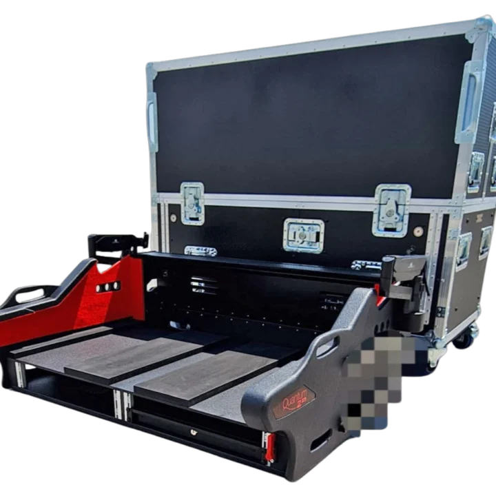 ProX Digico Q225 Quantum 225 flip-ready hydraulic console flight case rear panel with 2U rack and wheels