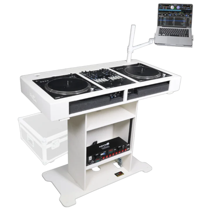 ProX DJ Control Tower in white with dual flight cases for CDJ3000 and Rane12 mixers