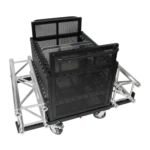 ProX dolly cart loaded with multiple base plates and stage equipment in professional venue setup