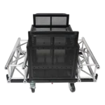 ProX dolly cart close-up detail showing base plate storage compartment and securing mechanisms