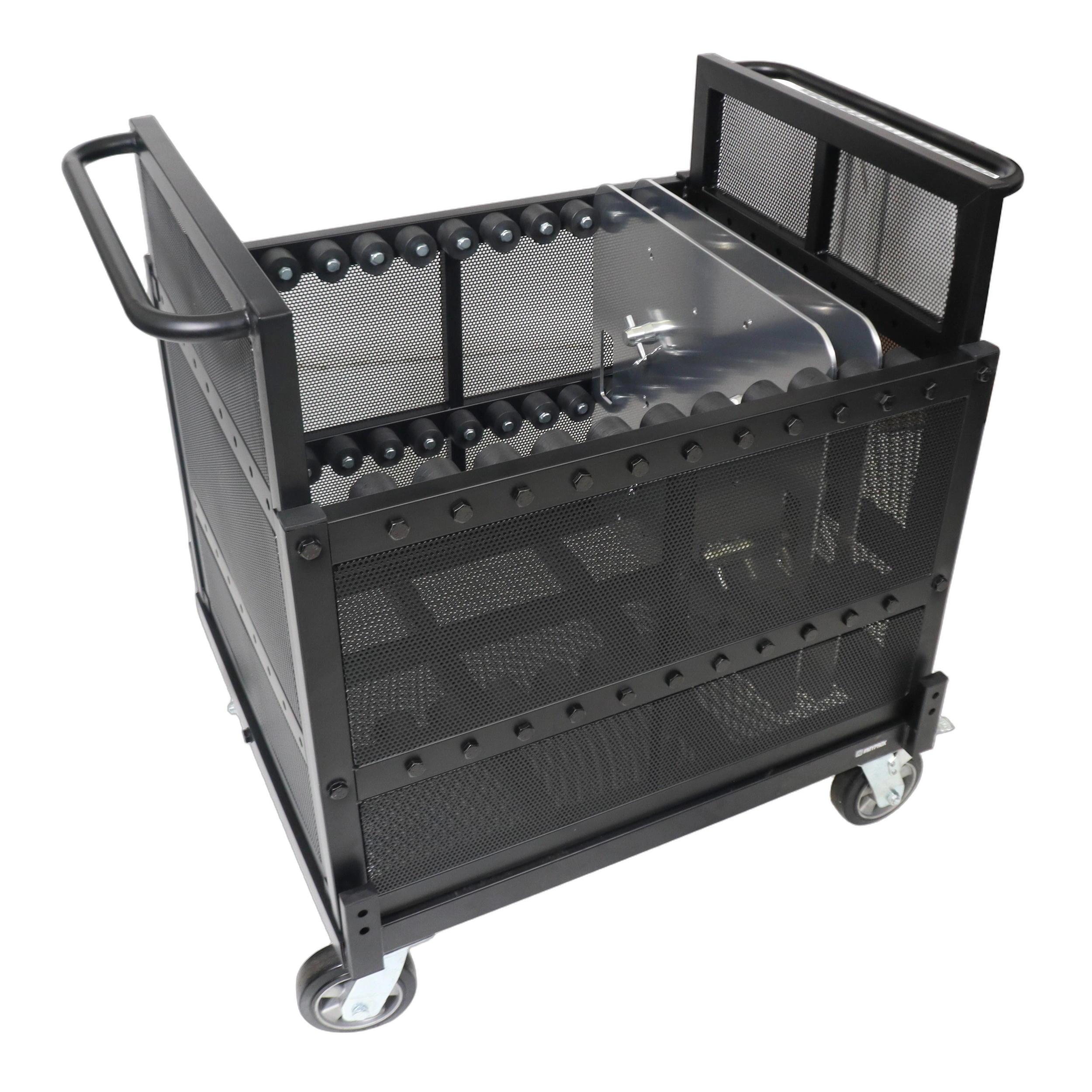 ProX Dolly Cart Base Plate Storage Detail View ProX dolly cart with heavy-duty wheels and base plate storage capacity detail
