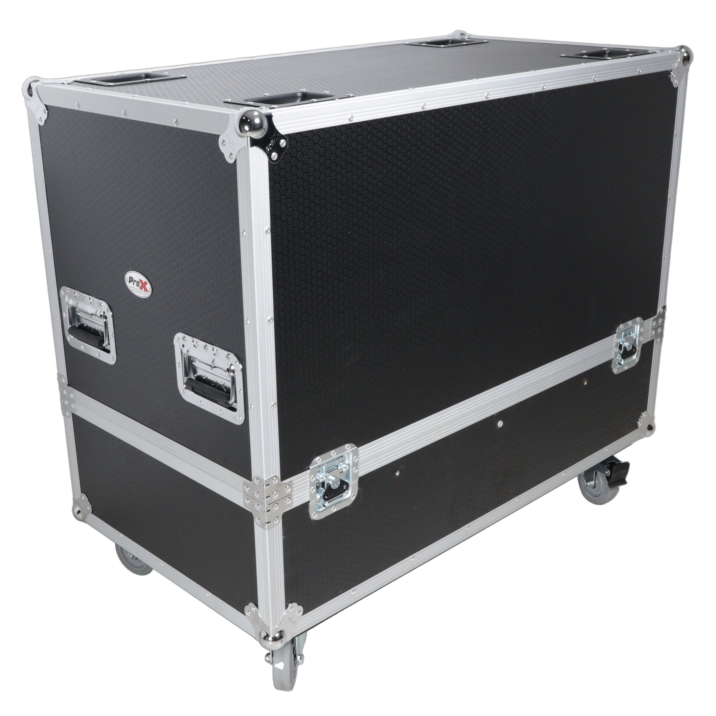 ProX Universal Dual ATA Speaker Flight Case Detail ProX universal dual ATA speaker flight case with reinforced corner hardware and protective latches