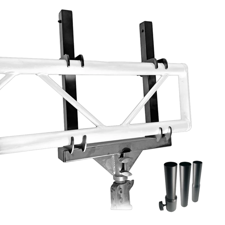 ProX F32 I-Beam truss mount bracket with universal 35mm to 40mm pole adapters, front angle view