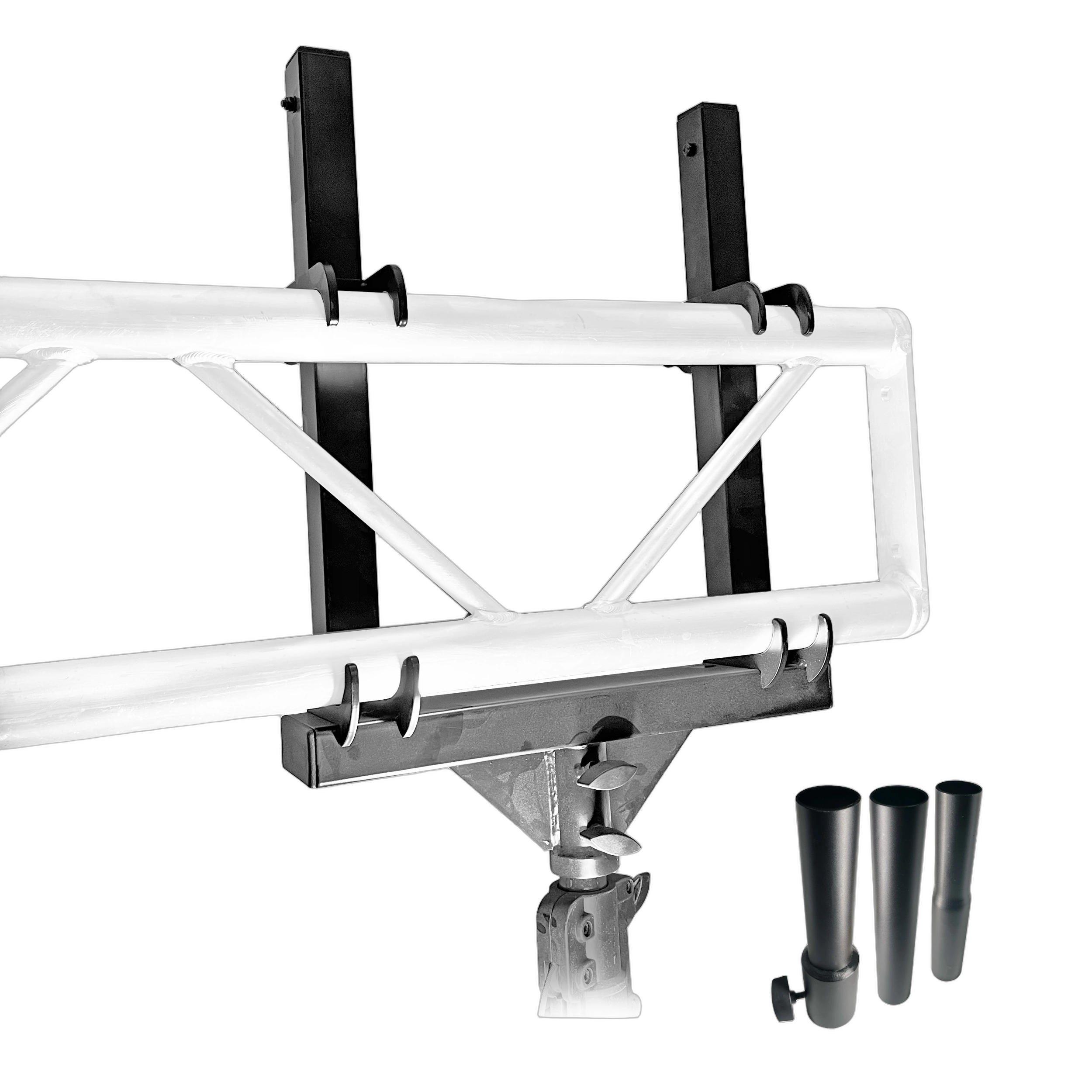ProX F32 I-Beam Truss Mount Bracket Front View ProX F32 I-Beam truss mount bracket with universal 35mm to 40mm pole adapters, front angle view