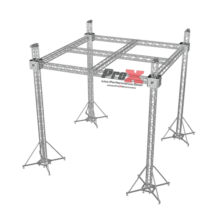 ProX F34 ground support truss system with center cross and chain hoists, 21x21x23 ft stage roofing structure