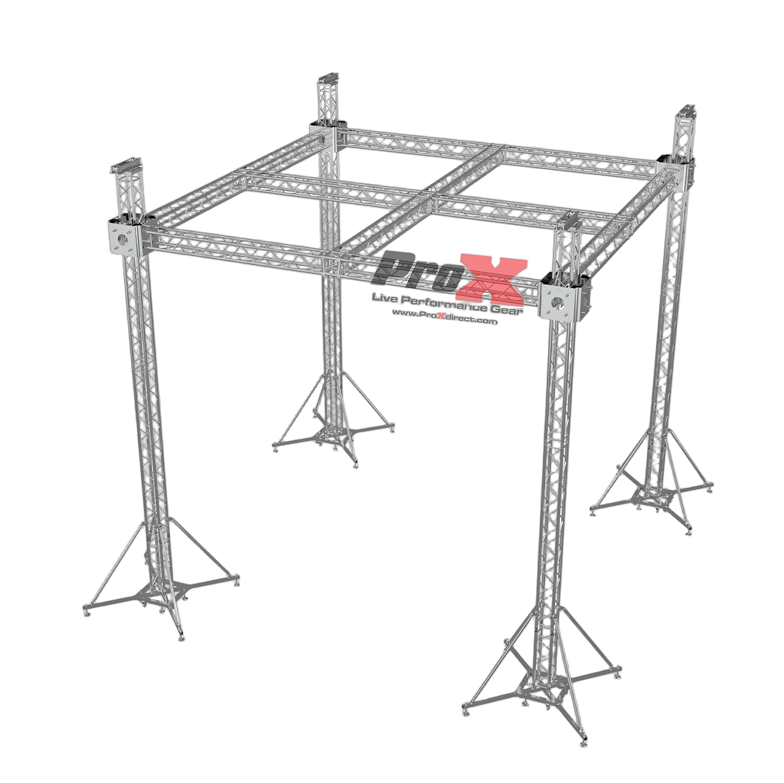 ProX F34 Stage Roofing Ground Support Truss System ProX F34 ground support truss system with center cross and chain hoists, 21x21x23 ft stage roofing structure