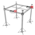 ProX F34 stage roofing truss system with ground support and chain hoists, 21x21x23 ft configuration
