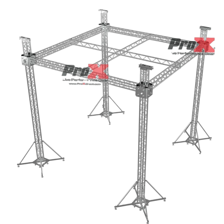 ProX F34 stage roofing truss system with ground support and chain hoists, 21x21x23 ft configuration