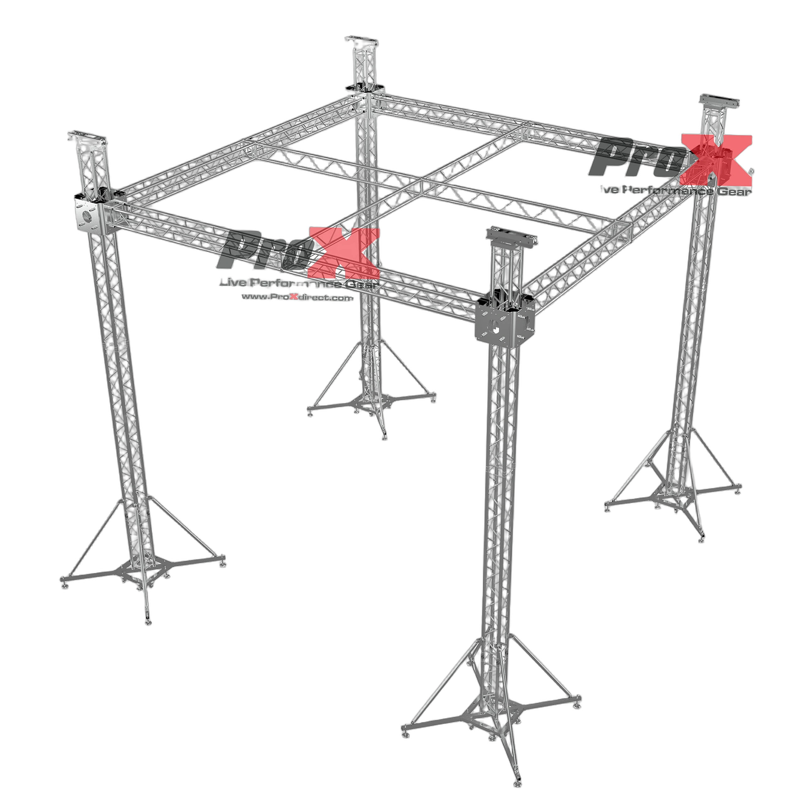 ProX F34 Stage Roofing Truss System Front View ProX F34 stage roofing truss system with ground support and chain hoists, 21x21x23 ft configuration