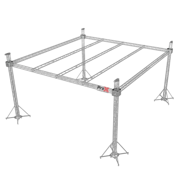 ProX F34 stage roofing truss system with ground support legs and chain hoists, 32x32x23 feet configuration