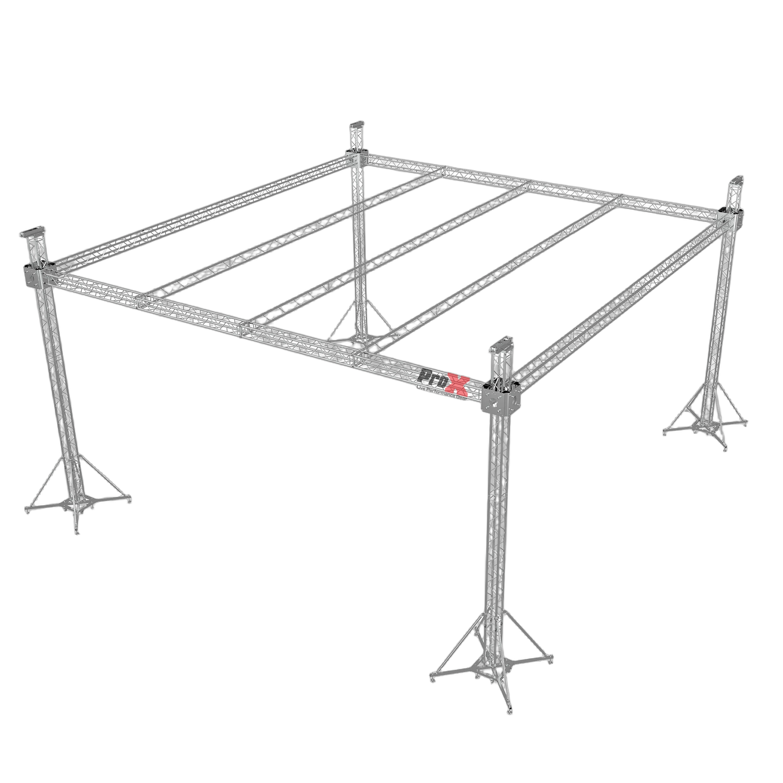 ProX F34 Stage Roofing Truss System Ground Support ProX F34 stage roofing truss system with ground support legs and chain hoists, 32x32x23 feet configuration