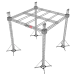 ProX F34 32x32x23 ft stage roofing truss system with ground support legs and chain hoists assembled