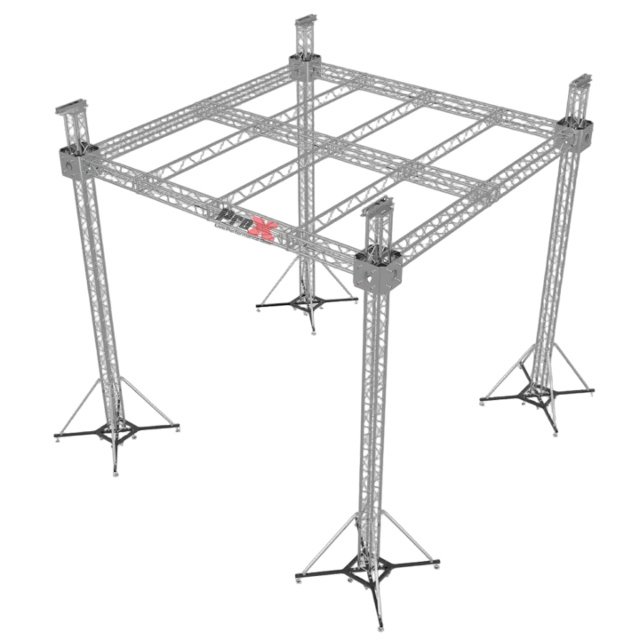 ProX F34 32x32x23 ft stage roofing truss system with ground support legs and chain hoists assembled