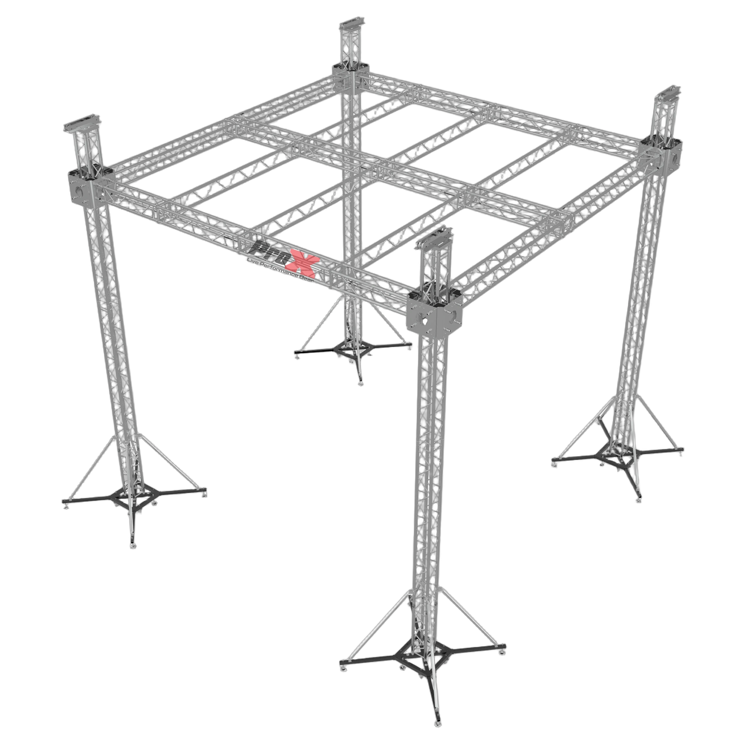 ProX F34 Stage Roofing Truss System Ground Support Front View ProX F34 32x32x23 ft stage roofing truss system with ground support legs and chain hoists assembled