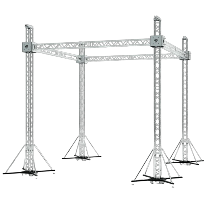 ProX F34 stage roofing truss system with ground support and chain hoists, 20x20x23 feet front view
