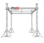 ProX F34 stage roofing truss system with ground support legs and chain hoists, 21x21x23 feet configuration