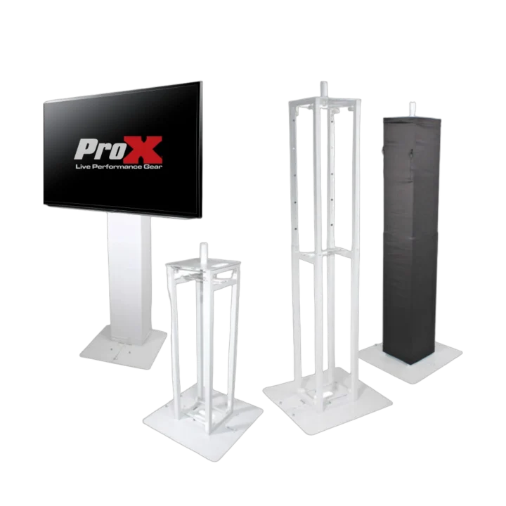 ProX Flex Totem TV stand with adjustable height from 3ft to 6ft, foldable base plate and integrated speaker stud