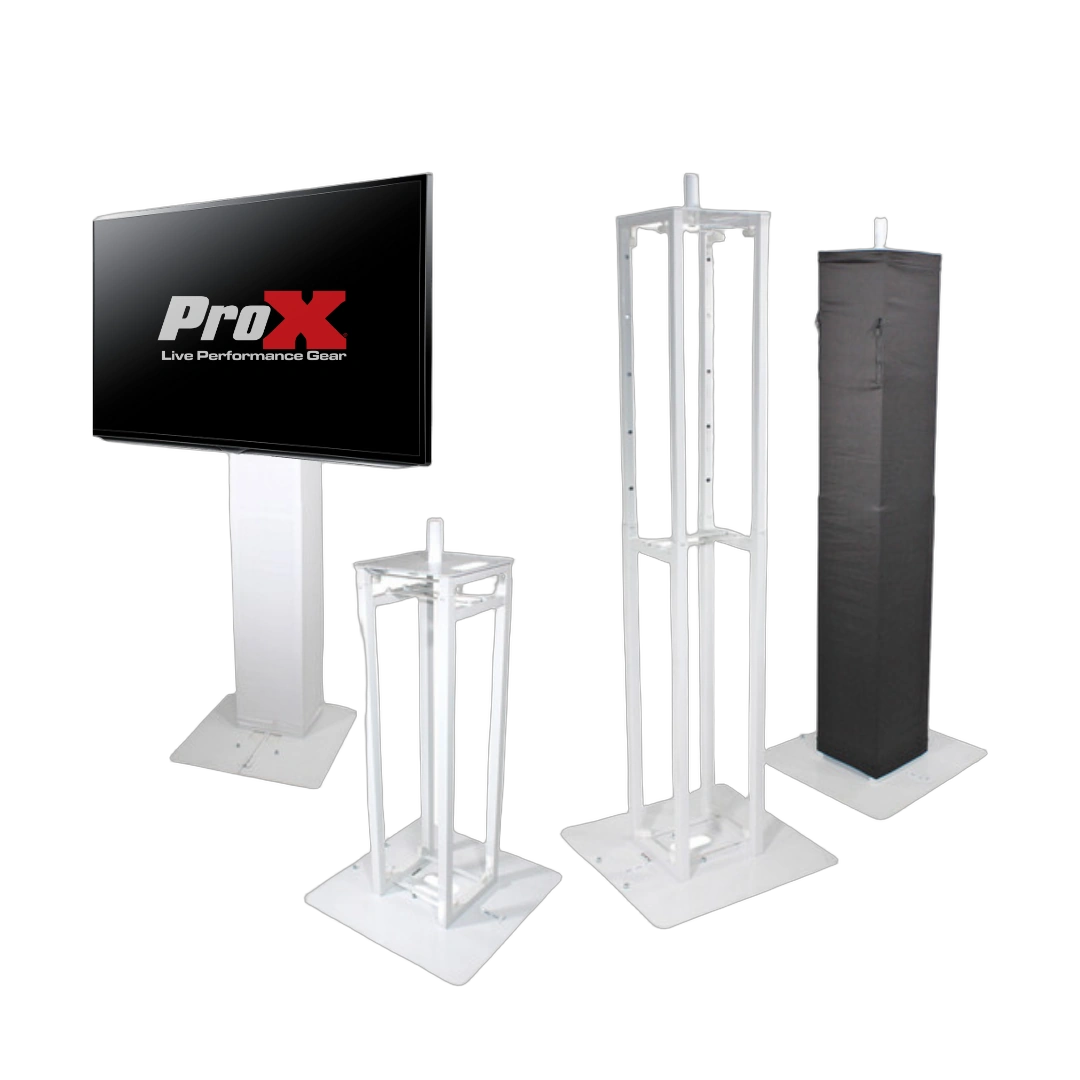 ProX Flex Totem TV Stand Height Adjustable Front View ProX Flex Totem TV stand with adjustable height from 3ft to 6ft, foldable base plate and integrated speaker stud