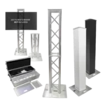 ProX Flex Tower Totem adjustable speaker stand package with road case, front view showing full height extension