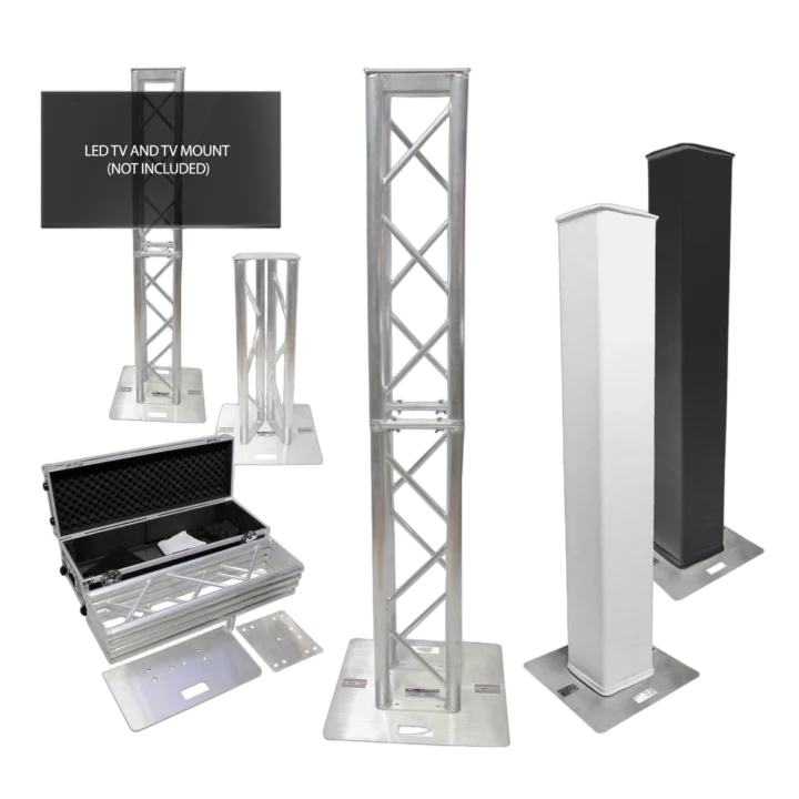 ProX Flex Tower Totem adjustable speaker stand package with road case, front view showing full height extension