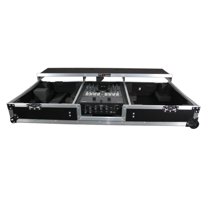 ProX flight case with Rane 72 mixer, two turntables, and integrated laptop shelf in battle mode configuration