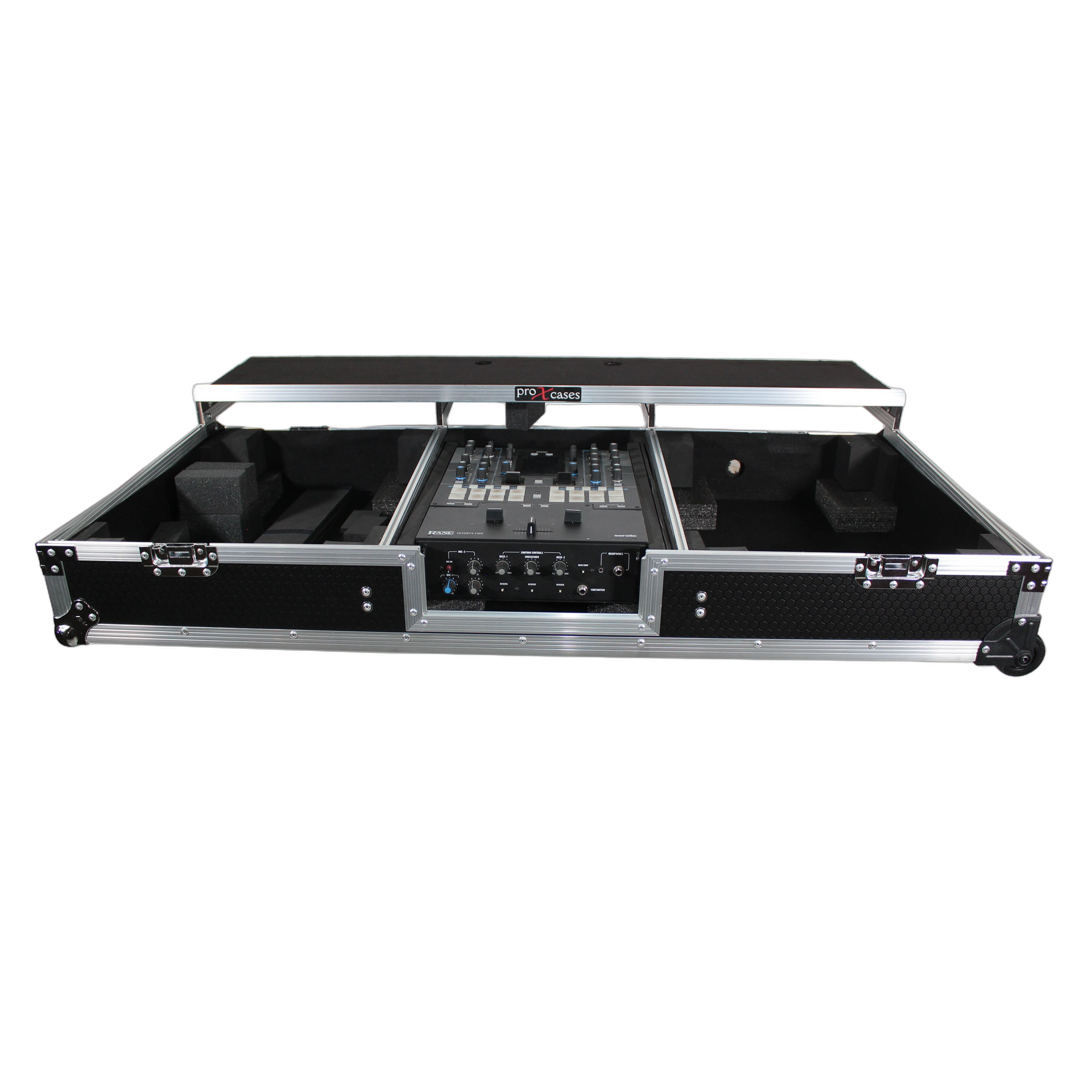 ProX Flight Case Rane 72 Mixer Turntables Laptop Shelf ProX flight case with Rane 72 mixer, two turntables, and integrated laptop shelf in battle mode configuration