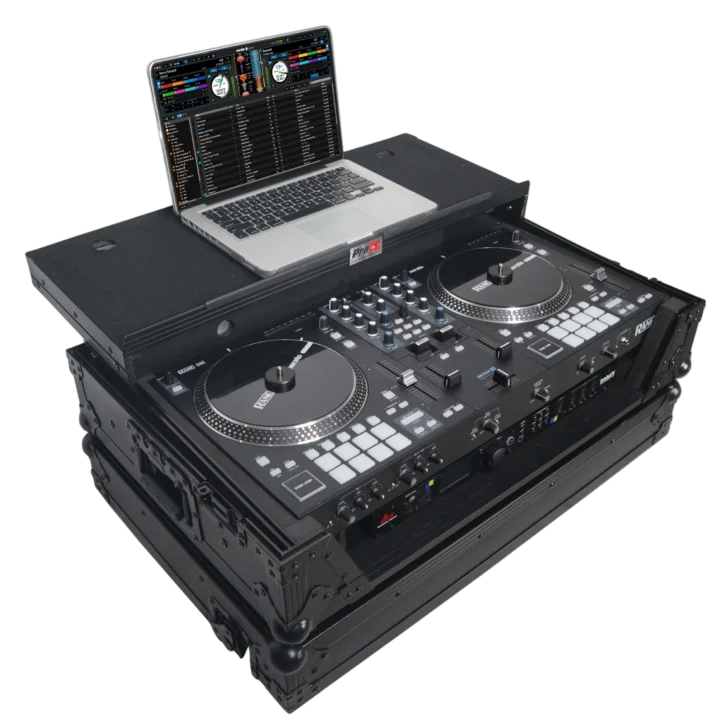 ProX flight case for RANE ONE DJ controller with sliding laptop shelf and wheels, black finish