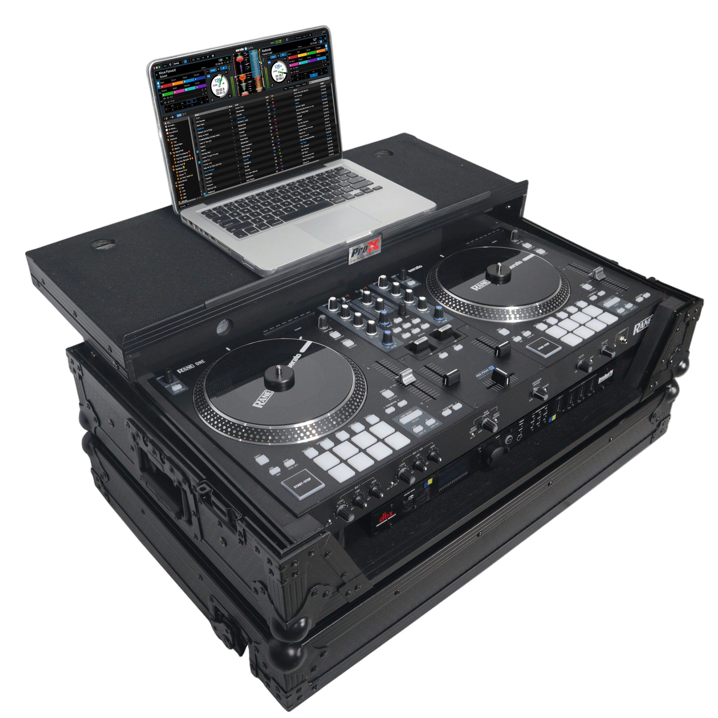 ProX Flight Case RANE ONE DJ Controller Laptop Shelf ProX flight case for RANE ONE DJ controller with sliding laptop shelf and wheels, black finish
