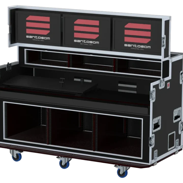 ProX Santosom flight case for Tricaster TC1 with 3 screens, 3U and 8U rack spaces, front view