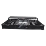 ProX flight coffin case interior detail showing laptop shelf and equipment mounting for 12 inch Rane mixer and turntables