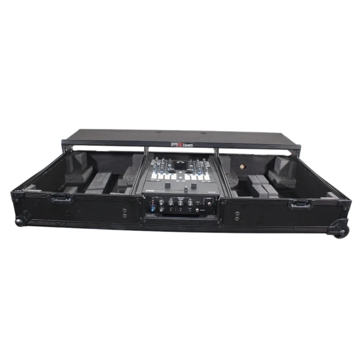 ProX flight coffin case interior detail showing laptop shelf and equipment mounting for 12 inch Rane mixer and turntables