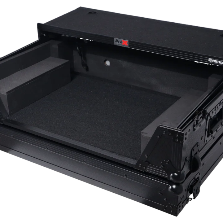 ProX flight case for Pioneer DJ controller with integrated laptop shelf and 2U rack space, black finish side view