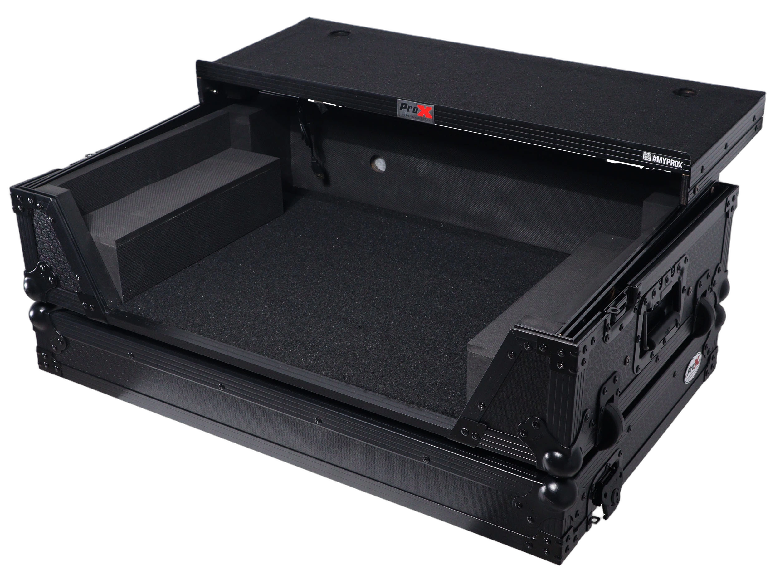 ProX Flight Style Road Case DJ Controller Laptop Shelf ProX flight case for Pioneer DJ controller with integrated laptop shelf and 2U rack space, black finish side view