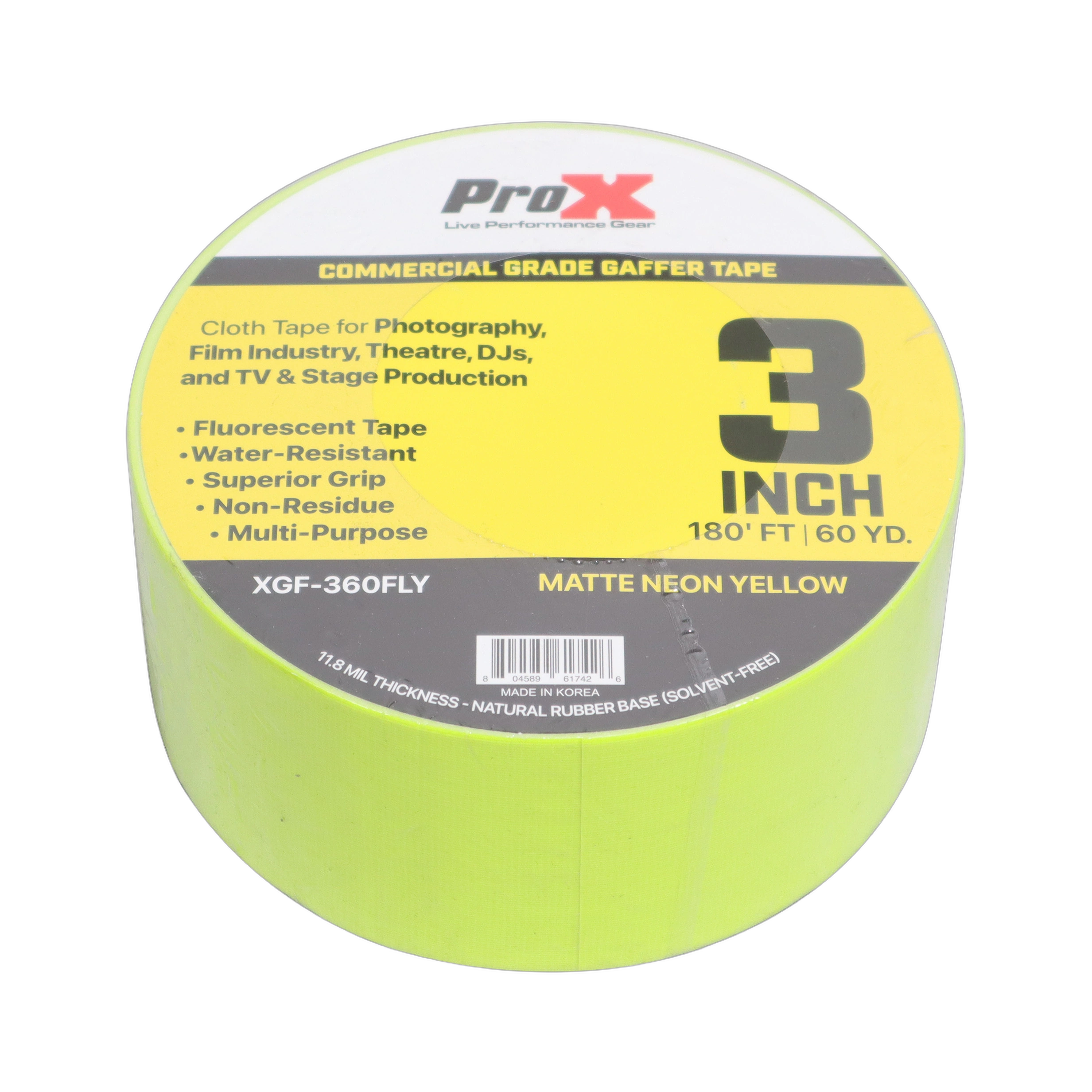 ProX 3 Inch Fluorescent Yellow Gaffer Tape Roll Front ProX fluorescent yellow commercial grade gaffer tape 60 yard roll, non-residue adhesive