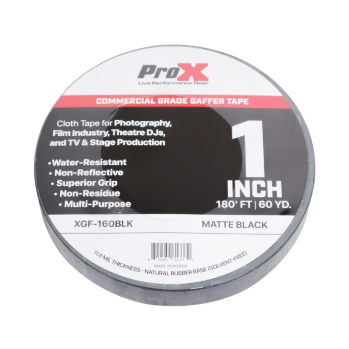 ProX commercial grade matte black gaffer tape 1 inch wide 180 foot roll front view
