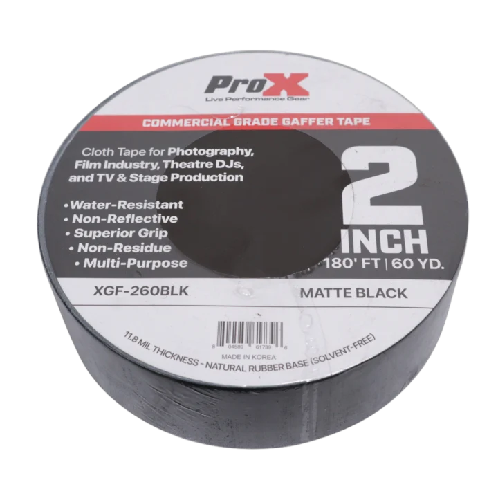 ProX commercial grade matte black gaffer tape 2 inch wide 180 foot roll front view