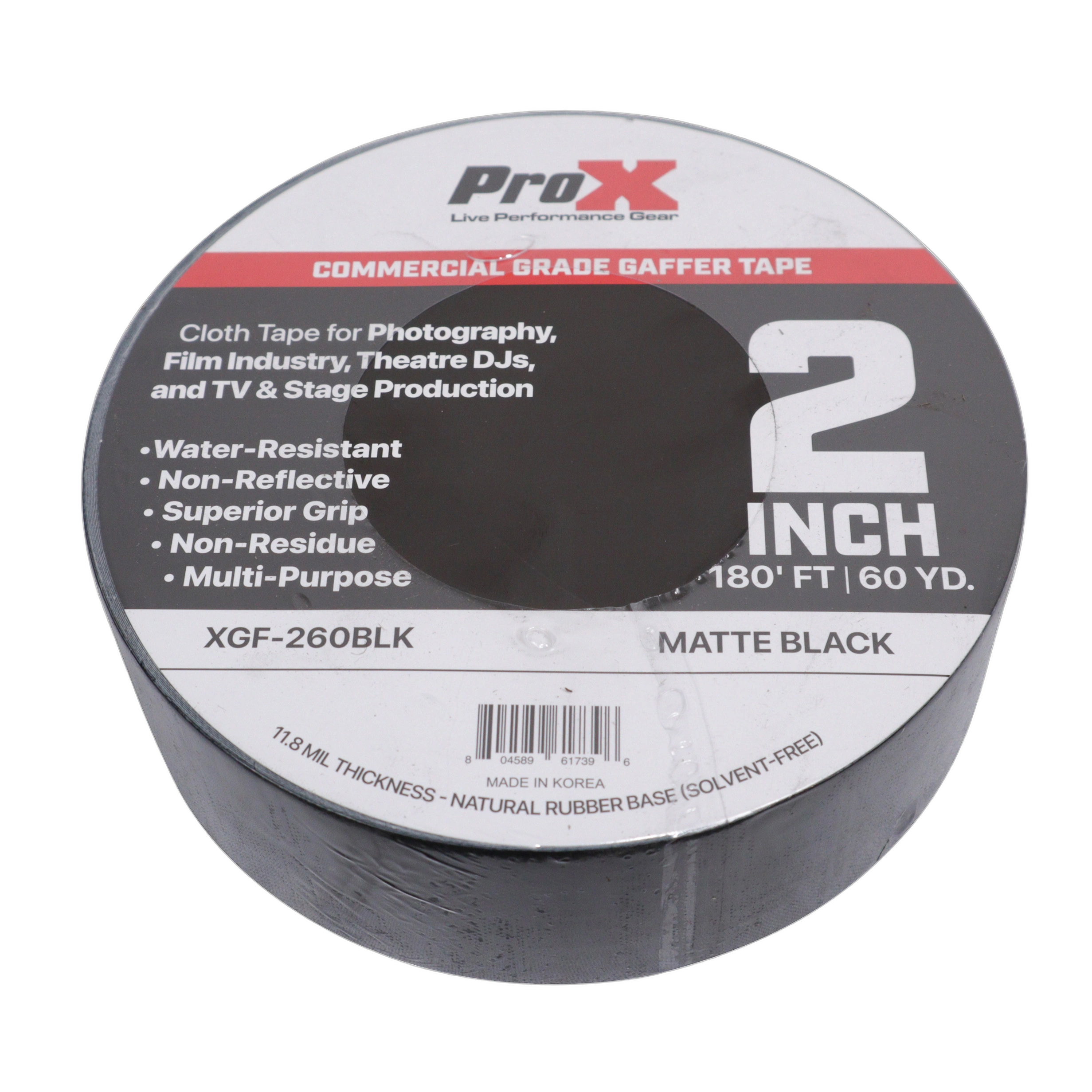 ProX 2 Inch 180FT Matte Black Gaffer Tape Roll ProX commercial grade matte black gaffer tape 2 inch wide 180 foot roll front view