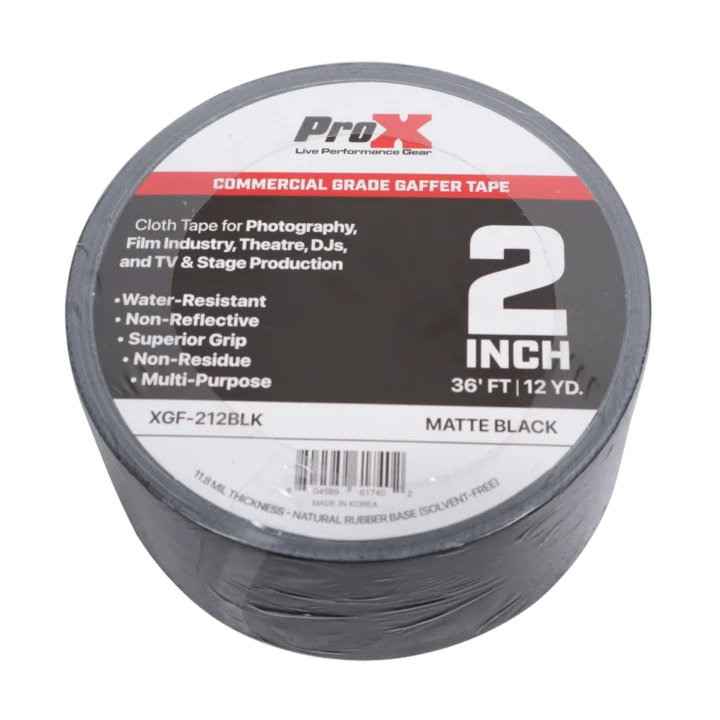 ProX 2 inch 36 foot matte black commercial grade gaffer tape roll with non-residue adhesive