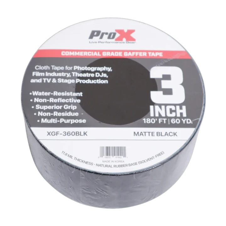 ProX commercial grade matte black gaffer tape 3 inch wide 180 feet roll front view
